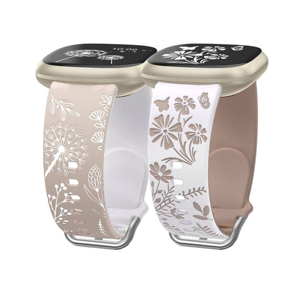 Wearlizer 2 Packs Floral Engraved Band Compatible with Fitbit Versa 4 Bands/Versa 3 Bands/Sense 2/Sense Bands Women, Cute Two-Tone Flower Soft Silicone Sport Strap for Versa 3 4 Sense 2 Watch Band