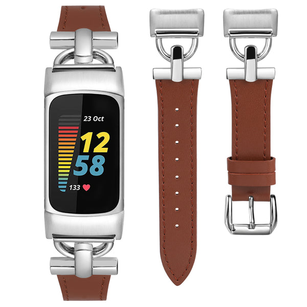 Wearlizer Leather Band Compatible with Fitbit Charge 5 Bands for Women, Dressy Slim Leather Strap Replacement Wristband with D-Shape Metal Buckle for Fitbit Charge 5 Band