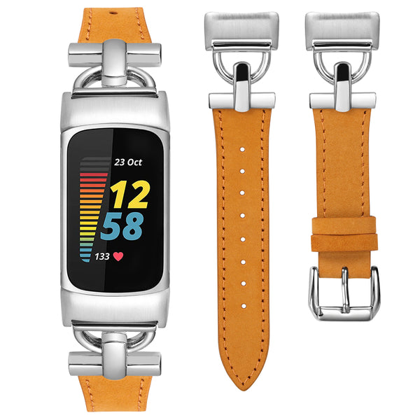 Wearlizer Leather Band Compatible with Fitbit Charge 5 Bands for Women, Dressy Slim Leather Strap Replacement Wristband with D-Shape Metal Buckle for Fitbit Charge 5 Band