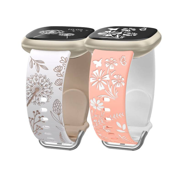 Wearlizer 2 Packs Floral Engraved Band Compatible with Fitbit Versa 4 Bands/Versa 3 Bands/Sense 2/Sense Bands Women, Cute Two-Tone Flower Soft Silicone Sport Strap for Versa 3 4 Sense 2 Watch Band