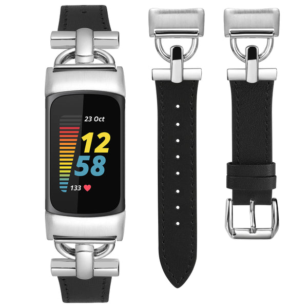 Wearlizer Leather Band Compatible with Fitbit Charge 5 Bands for Women, Dressy Slim Leather Strap Replacement Wristband with D-Shape Metal Buckle for Fitbit Charge 5 Band