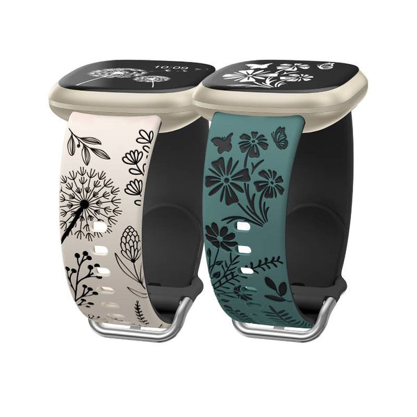 Wearlizer 2 Packs Floral Engraved Band Compatible with Fitbit Versa 4 Bands/Versa 3 Bands/Sense 2/Sense Bands Women, Cute Two-Tone Flower Soft Silicone Sport Strap for Versa 3 4 Sense 2 Watch Band