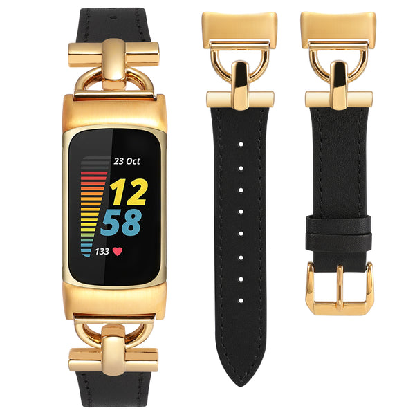 Wearlizer Leather Band Compatible with Fitbit Charge 5 Bands for Women, Dressy Slim Leather Strap Replacement Wristband with D-Shape Metal Buckle for Fitbit Charge 5 Band