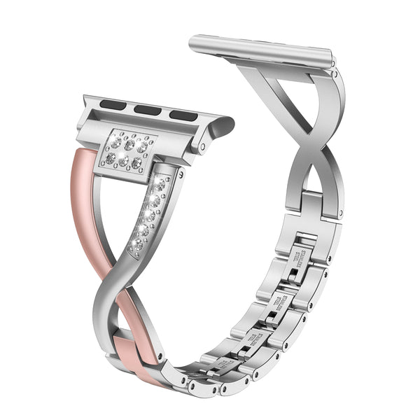 Wearlizer RoseGold Silver Compatible with Apple Watch Band 38/40/41/42mm Women Rhinestone 2-Tone Stainless Bling X-Link Wristband Sleek Bracelet for iWatch Series 11 10 9 8 7 6 5 4 3 SE/Ultra 3 2
