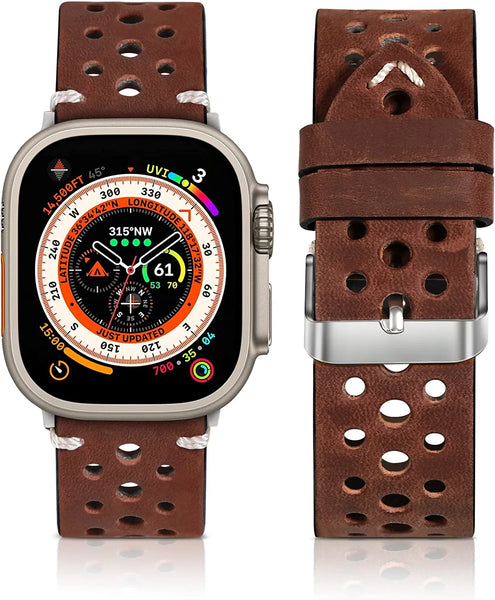 Compatible with Apple Watch Genuine Leather Band49mm 45mm 44mm 42mm 41mm 40mm 38mm Punch Grain Vintage Leather Band for Men,Replacement Strap for iWatch Ultra Series 8 7 6 5 4 3 2 1 SE