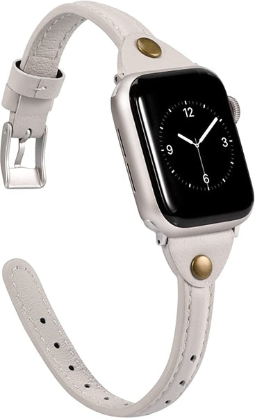 Wearlizer Beige Leather Compatible with Apple Watch Leather Band 38mm 40mm 41mm for iWatch SE Women Men Slim Strap Wristband Leisure Unique Rivet Bracelet (Silver Metal Clasp) Series 8 7 6 5 4 3 2 1