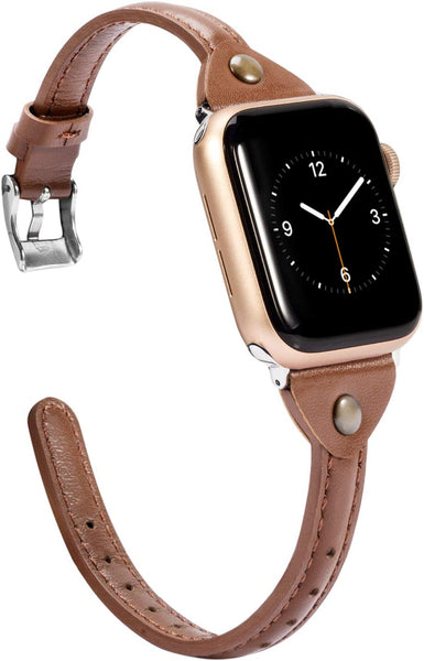 Wearlizer Beige Leather Compatible with Apple Watch Leather Band 38mm 40mm 41mm for iWatch SE Women Men Slim Strap Wristband Leisure Unique Rivet Bracelet (Silver Metal Clasp) Series 8 7 6 5 4 3 2 1