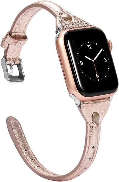 Wearlizer Beige Leather Compatible with Apple Watch Leather Band 38mm 40mm 41mm for iWatch SE Women Men Slim Strap Wristband Leisure Unique Rivet Bracelet (Silver Metal Clasp) Series 8 7 6 5 4 3 2 1