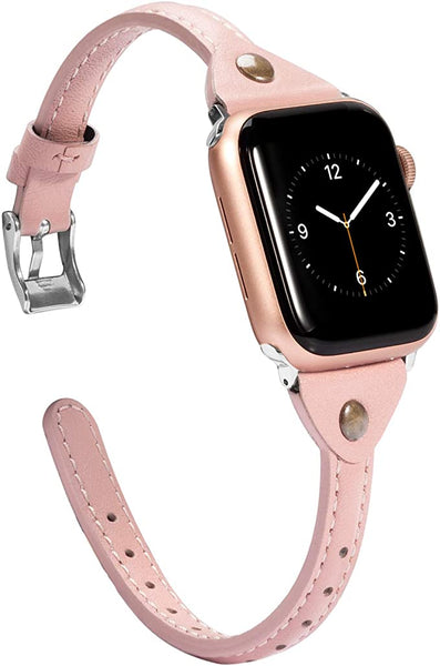 Wearlizer Beige Leather Compatible with Apple Watch Leather Band 38mm 40mm 41mm for iWatch SE Women Men Slim Strap Wristband Leisure Unique Rivet Bracelet (Silver Metal Clasp) Series 8 7 6 5 4 3 2 1