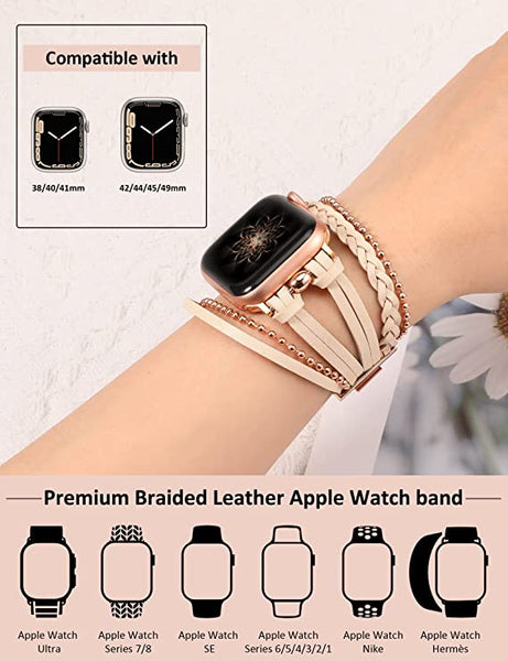 Wearlizer Posh Leather Bands Compatible with Apple Watch Ultra (49mm), Series 8/7(41/45mm), SE/6/5/4(40/44mm) and 3/2/1 (38/42mm) Women Boho Handmade Braided Bracelets Multilayer Wrap Jewelry Strap