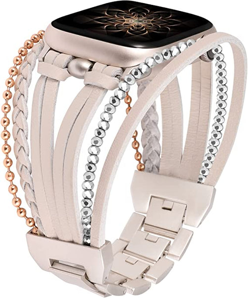 Wearlizer Posh Leather Bands Compatible with Apple Watch Ultra (49mm), Series 8/7(41/45mm), SE/6/5/4(40/44mm) and 3/2/1 (38/42mm) Women Boho Handmade Braided Bracelets Multilayer Wrap Jewelry Strap