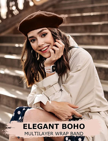 Wearlizer Posh Leather Bands Compatible with Apple Watch Ultra (49mm), Series 8/7(41/45mm), SE/6/5/4(40/44mm) and 3/2/1 (38/42mm) Women Boho Handmade Braided Bracelets Multilayer Wrap Jewelry Strap