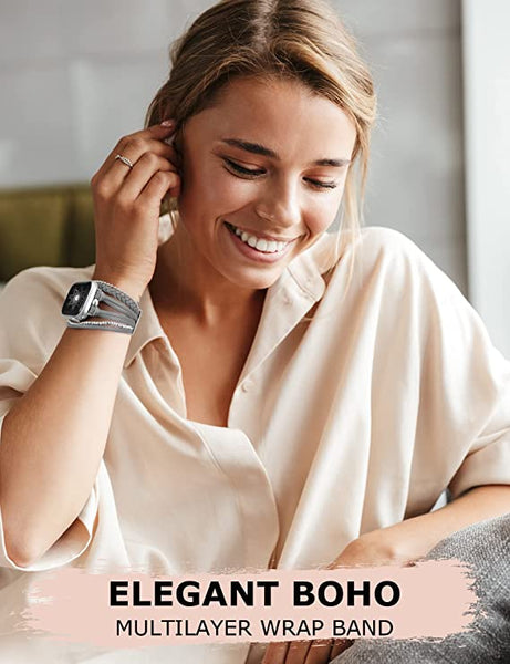 Wearlizer Posh Leather Bands Compatible with Apple Watch Ultra (49mm), Series 8/7(41/45mm), SE/6/5/4(40/44mm) and 3/2/1 (38/42mm) Women Boho Handmade Braided Bracelets Multilayer Wrap Jewelry Strap