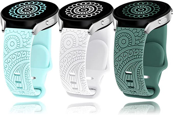 Floral Engraved Silicone Band 20mm Compatible with Samsung Galaxy Watch 4 Band 40mm 44mm/Watch 3 41mm/Active 2 Watch Bands 40mm 44mm/Watch 4 Classic 42mm 46mm, Sport Soft Smartwatch Strap for Women