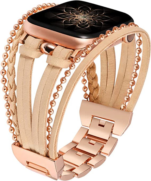 Wearlizer Posh Leather Bands Compatible with Apple Watch Ultra (49mm), Series 8/7(41/45mm), SE/6/5/4(40/44mm) and 3/2/1 (38/42mm) Women Boho Handmade Braided Bracelets Multilayer Wrap Jewelry Strap