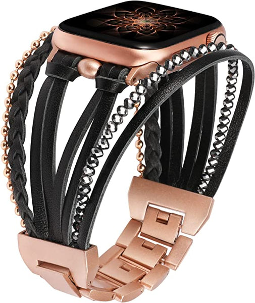 Wearlizer Posh Leather Bands Compatible with Apple Watch Ultra (49mm), Series 8/7(41/45mm), SE/6/5/4(40/44mm) and 3/2/1 (38/42mm) Women Boho Handmade Braided Bracelets Multilayer Wrap Jewelry Strap