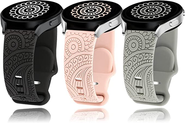 Floral Engraved Silicone Band 20mm Compatible with Samsung Galaxy Watch 4 Band 40mm 44mm/Watch 3 41mm/Active 2 Watch Bands 40mm 44mm/Watch 4 Classic 42mm 46mm, Sport Soft Smartwatch Strap for Women