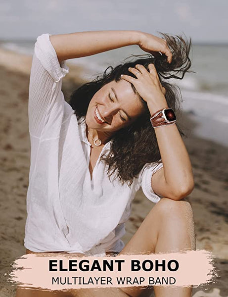 Wearlizer Posh Leather Bands Compatible with Apple Watch Ultra (49mm), Series 8/7(41/45mm), SE/6/5/4(40/44mm) and 3/2/1 (38/42mm) Women Boho Handmade Braided Bracelets Multilayer Wrap Jewelry Strap