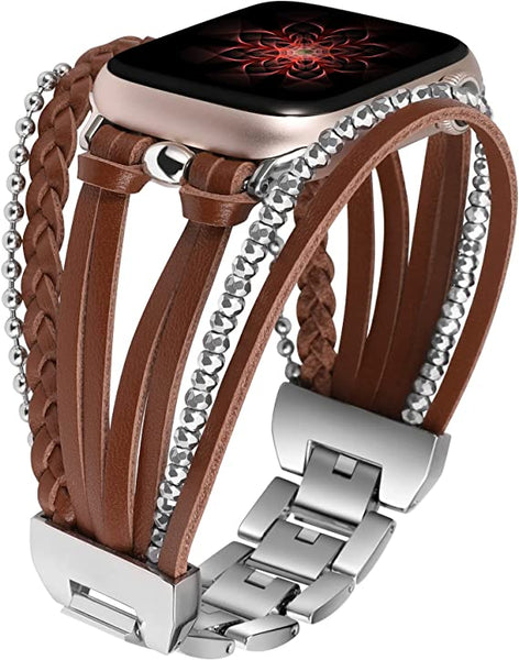 Wearlizer Posh Leather Bands Compatible with Apple Watch Ultra (49mm), Series 8/7(41/45mm), SE/6/5/4(40/44mm) and 3/2/1 (38/42mm) Women Boho Handmade Braided Bracelets Multilayer Wrap Jewelry Strap