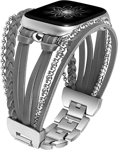 Wearlizer Posh Leather Bands Compatible with Apple Watch Ultra (49mm), Series 8/7(41/45mm), SE/6/5/4(40/44mm) and 3/2/1 (38/42mm) Women Boho Handmade Braided Bracelets Multilayer Wrap Jewelry Strap