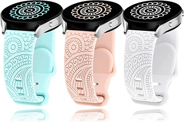 Floral Engraved Silicone Band 20mm Compatible with Samsung Galaxy Watch 4 Band 40mm 44mm/Watch 3 41mm/Active 2 Watch Bands 40mm 44mm/Watch 4 Classic 42mm 46mm, Sport Soft Smartwatch Strap for Women