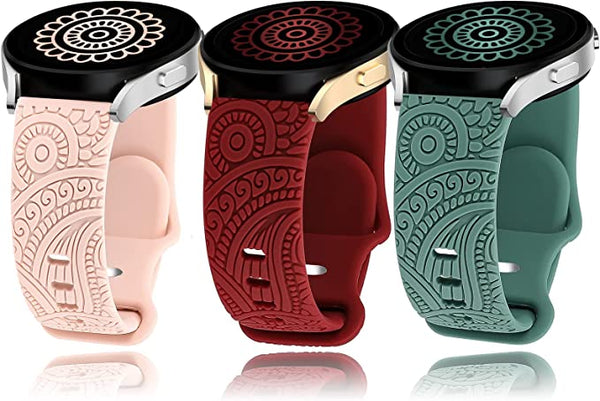 Floral Engraved Silicone Band 20mm Compatible with Samsung Galaxy Watch 4 Band 40mm 44mm/Watch 3 41mm/Active 2 Watch Bands 40mm 44mm/Watch 4 Classic 42mm 46mm, Sport Soft Smartwatch Strap for Women