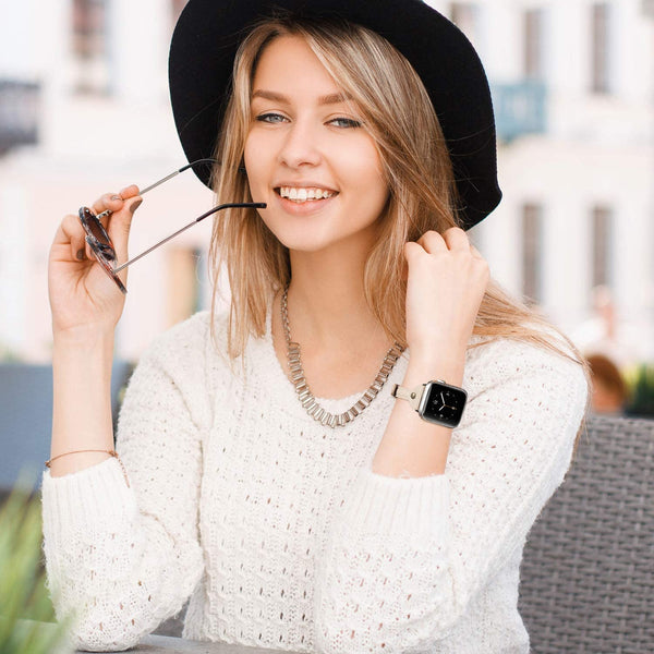 Wearlizer Beige Leather Compatible with Apple Watch Leather Band 38mm 40mm 41mm for iWatch SE Women Men Slim Strap Wristband Leisure Unique Rivet Bracelet (Silver Metal Clasp) Series 8 7 6 5 4 3 2 1