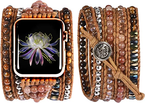 Boho Beads Bracelet Compatible with Apple Watch Band Ultra (49mm), Series 8/7(41/45mm), Series SE/6/5/4(40/44mm) and Series 3/2/1 (38/42mm) for Women Leather Handmade Braided Natural Stone Strap