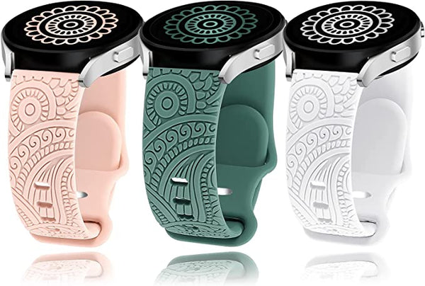 Floral Engraved Silicone Band 20mm Compatible with Samsung Galaxy Watch 4 Band 40mm 44mm/Watch 3 41mm/Active 2 Watch Bands 40mm 44mm/Watch 4 Classic 42mm 46mm, Sport Soft Smartwatch Strap for Women