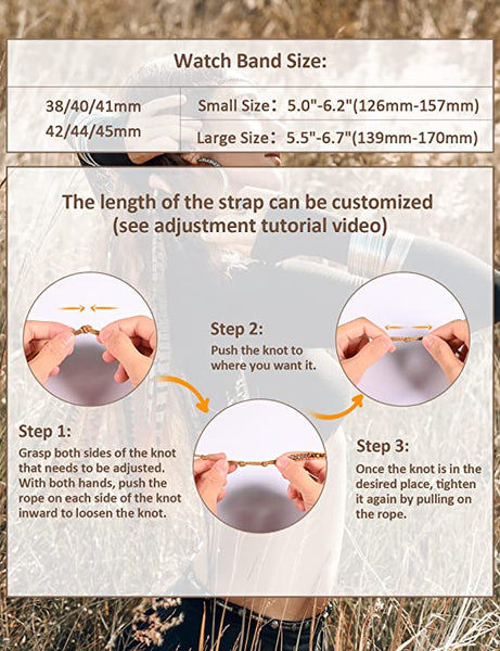 Boho Beads Bracelet Compatible with Apple Watch Band Ultra (49mm), Series 8/7(41/45mm), Series SE/6/5/4(40/44mm) and Series 3/2/1 (38/42mm) for Women Leather Handmade Braided Natural Stone Strap