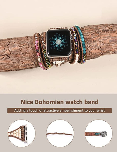 Boho Beads Bracelet Compatible with Apple Watch Band Ultra (49mm), Series 8/7(41/45mm), Series SE/6/5/4(40/44mm) and Series 3/2/1 (38/42mm) for Women Leather Handmade Braided Natural Stone Strap