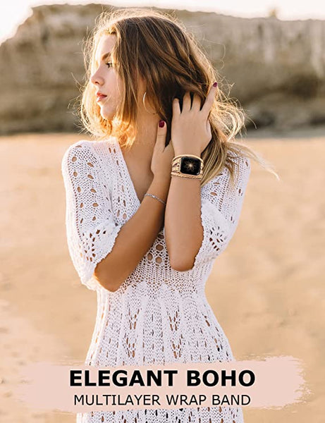 Wearlizer Posh Leather Bands Compatible with Apple Watch Ultra (49mm), Series 8/7(41/45mm), SE/6/5/4(40/44mm) and 3/2/1 (38/42mm) Women Boho Handmade Braided Bracelets Multilayer Wrap Jewelry Strap