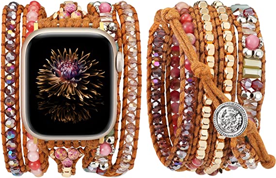Boho Beads Bracelet Compatible with Apple Watch Band Ultra (49mm), Series 8/7(41/45mm), Series SE/6/5/4(40/44mm) and Series 3/2/1 (38/42mm) for Women Leather Handmade Braided Natural Stone Strap