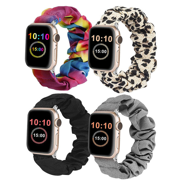 Wearlizer 4 Packs Apple Watch Band Scrunchie Soft Clot Cute Printed Elastic Watch Bands Women Stretchy