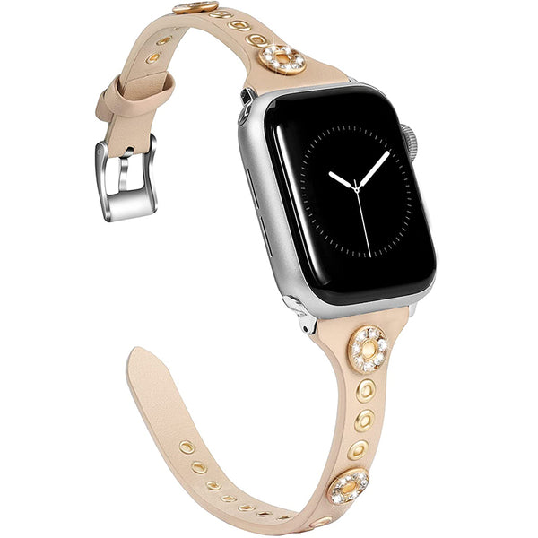 Wearlizer Slim Leather Apple Watch Band with Bling Studs iwatch Series 6 5 4 3 2 1 for Women Girls