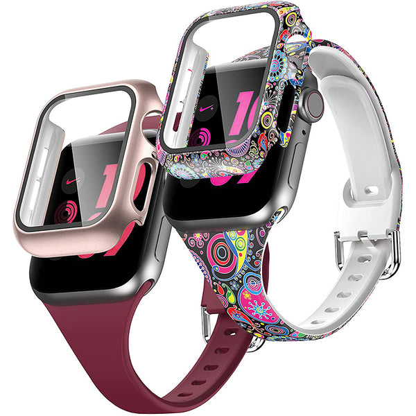 Wearlizer 2 Packs  Apple Watch Band Slim with Case Women  Silicone Soft Floral Pattern Adjustable Strap with Buckle for iWatch SE/6/5/4/3/2/1