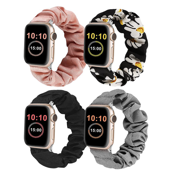Wearlizer 4 Packs Apple Watch Band Scrunchie Soft Clot Cute Printed Elastic Watch Bands Women Stretchy